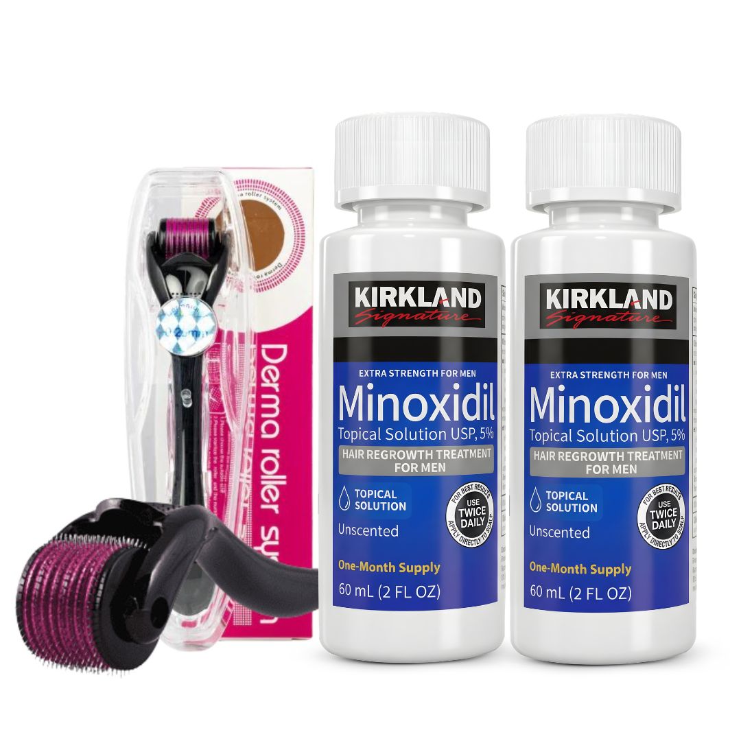 KIT 2 Minoxidil 5% Kirkland + 1 Dermaroller System 0.5mm