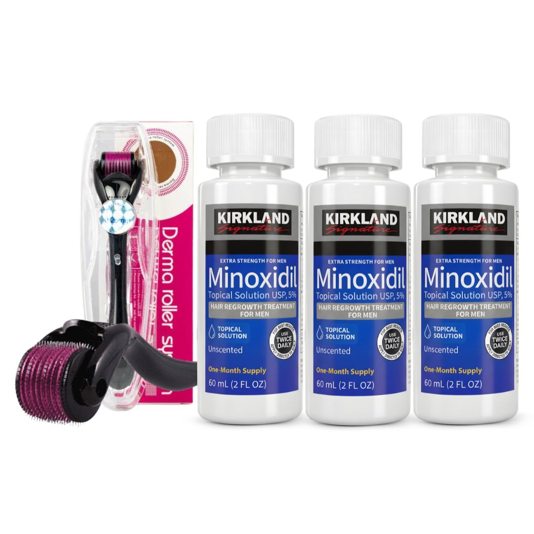 KIT 3 Minoxidil 5% Kirkland + 1 Dermaroller System 0.5mm
